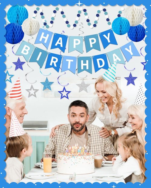Blue Happy Birthday Decorations - Banner with Honeycomb Balls & Stars | Party Decor for All Ages