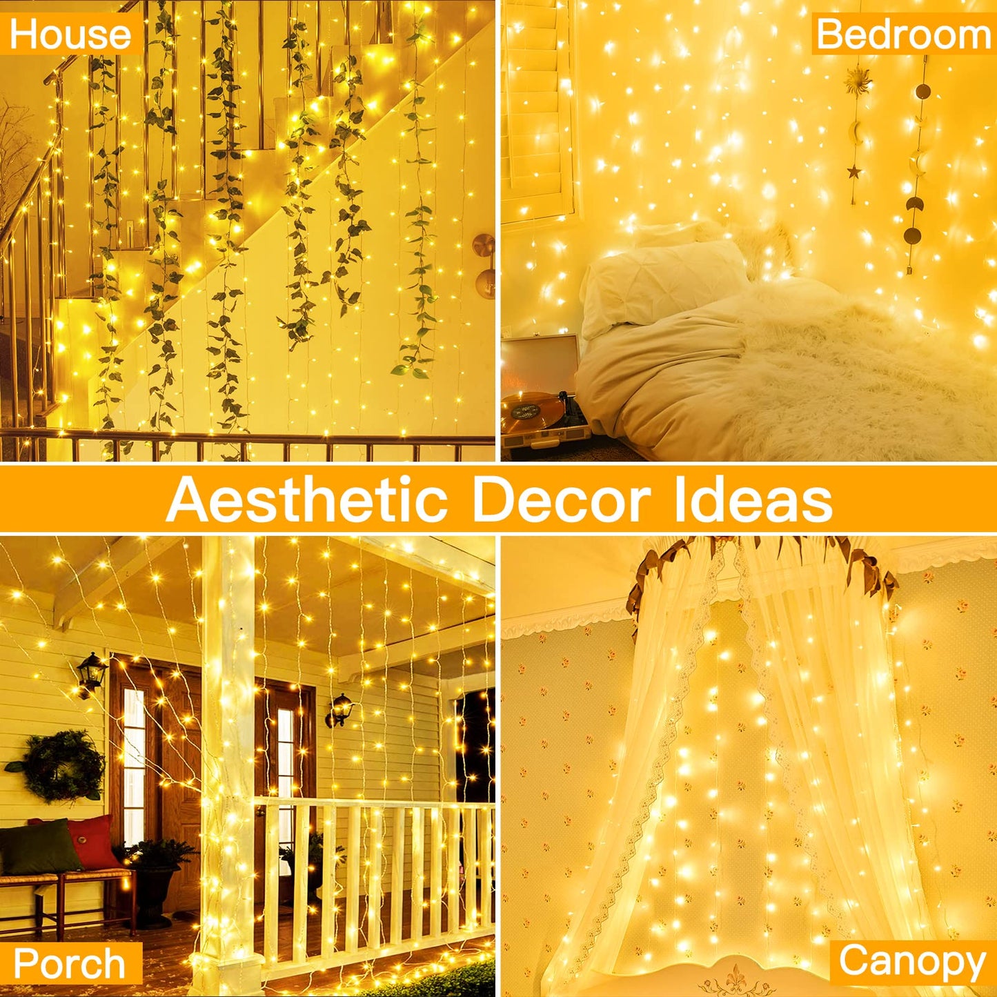 Ollny Curtain Lights 6.6x6.6ft, 200 LED String Lights with Remote 8 Modes Dimmable Timer, USB Power Fairy Light for Bedroom Backdrop Indoor Wall Window Christmas Decorations, Warm White