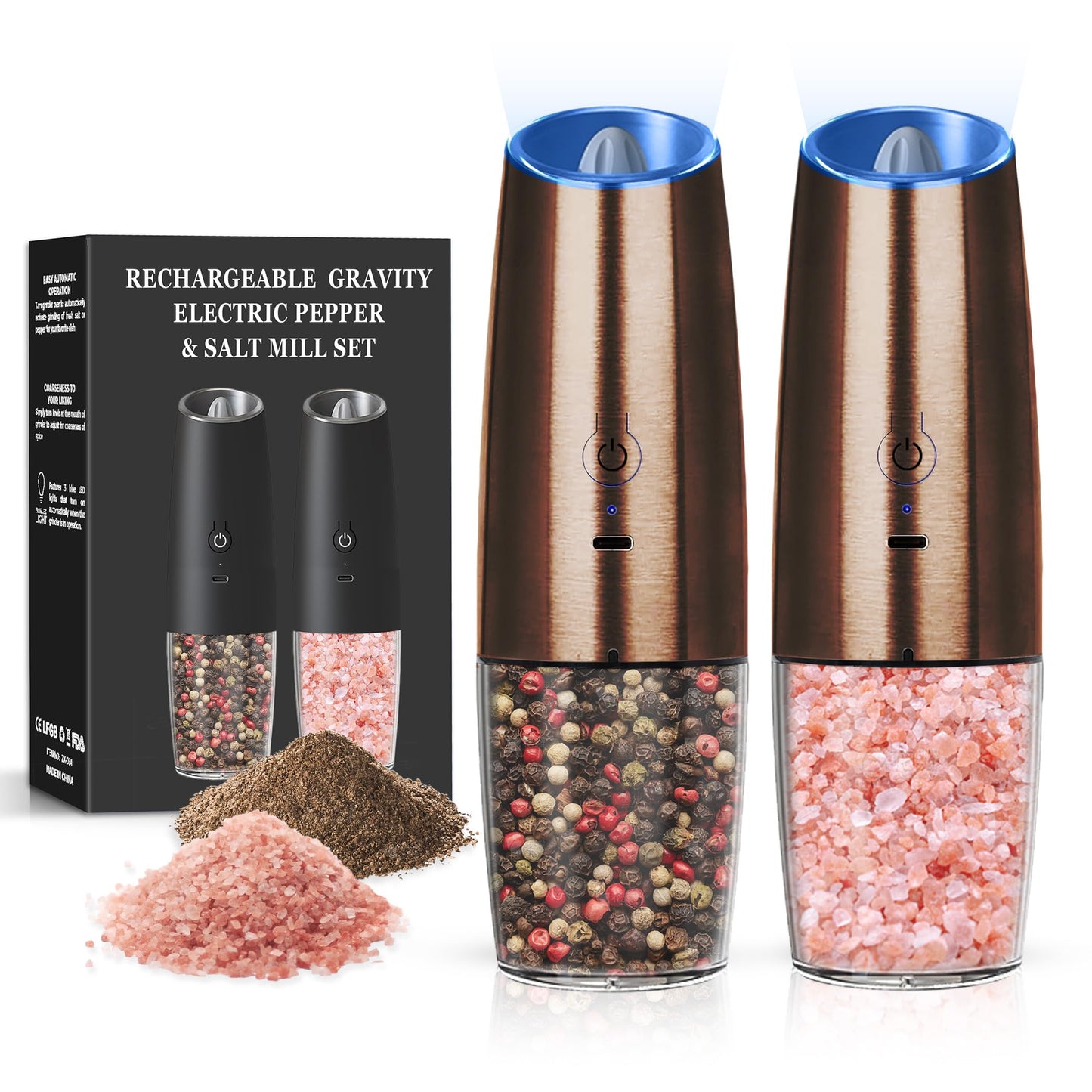 BELRIGO Rechargeable Salt And Pepper Grinder Set with LED Light, Automatic Electric Gravity Salt And Pepper Shakers Set, No Battery Needed, Adjustable Roughness, 2 Pack (Copper)