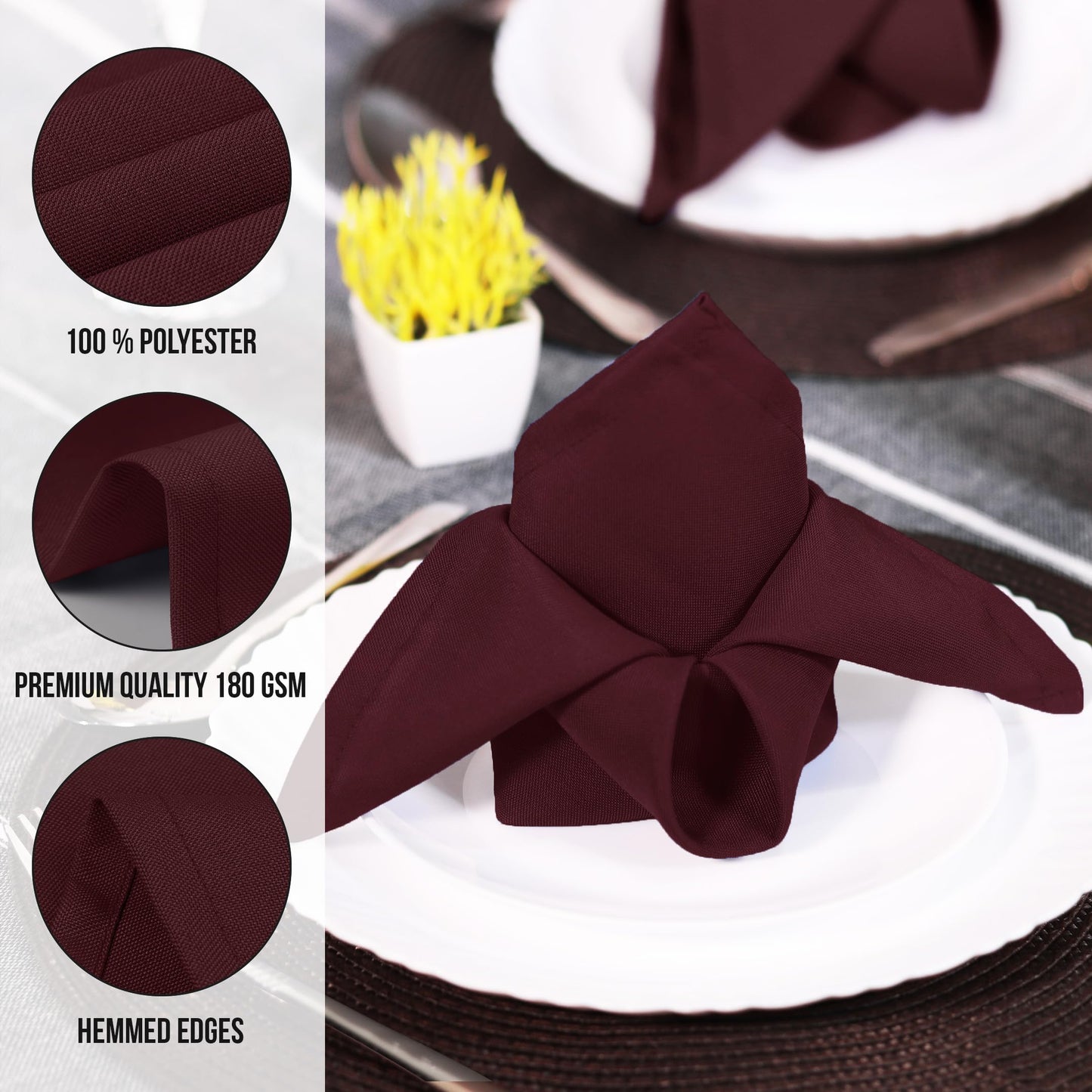 Utopia Home Burgundy Cloth Napkins (144 Pack, 20x20 Inches), Ideal Dinner Napkins for Party, Wedding and Lunch/Dinner