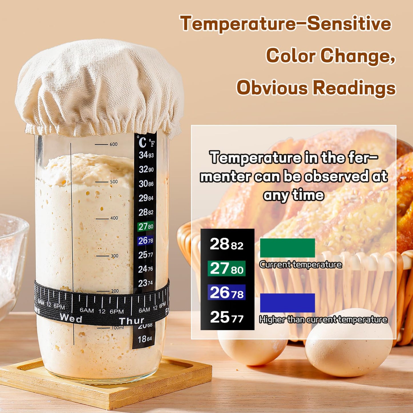 Sourdough Bread Baking Supplies,24 oz Sourdough Starter Jar Glass, Sourdough Starter Kit with Date Marked Feeding Band, Thermometer, Silicone Scraper, Sewn Cloth Cover & Aluminum Lid, Sourdough Jar