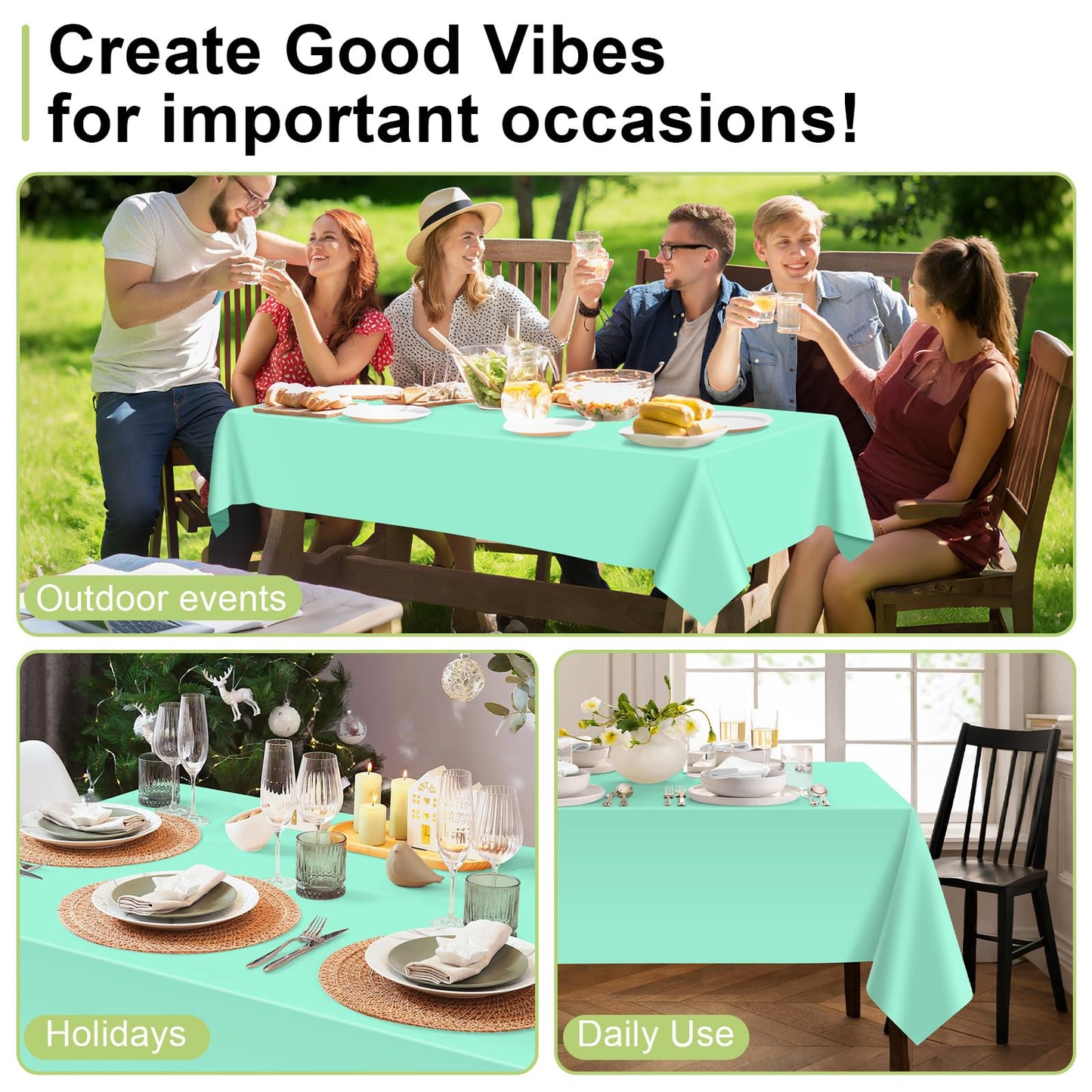 QIKSION Fresh Mint Plastic Table Cloth Disposable 12 Pack, 54 x 108 Inch Tablecloths for Party, Birthday, Rectangle Table Cover