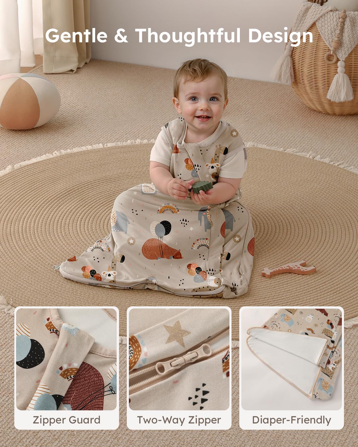 Yoofoss Rayon Made from Bamboo Baby Sleep Sack 6-12 Months TOG 0.5 Baby Wearable Blanket, Super Soft Infant Toddler Sleeping Sack 2-Way Zipper, Grey&Animals