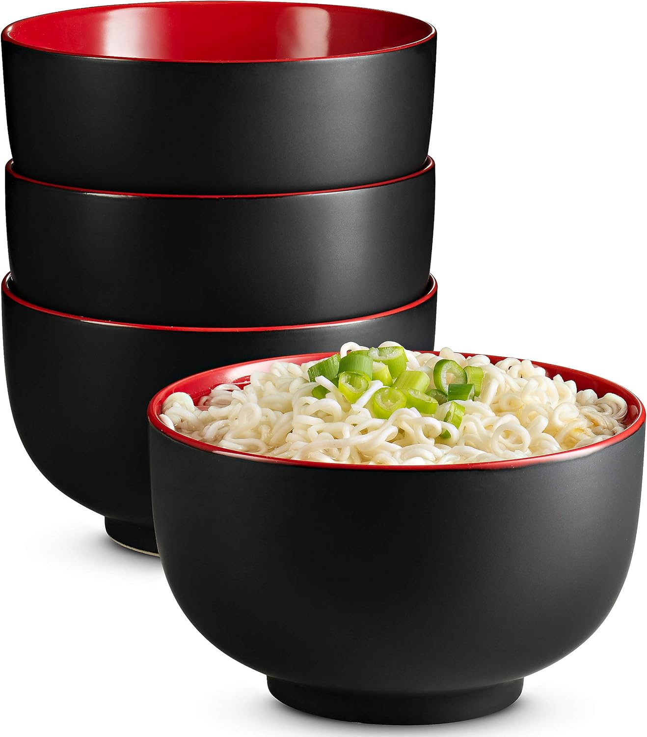 KooK Ramen Bowl - Large Ceramic Noodle Bowl Set | 34 oz Capacity, Microwave & Dishwasher Safe, Black/Red - Set of 4