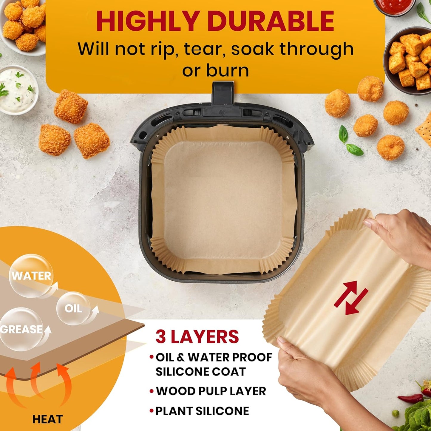 Skiennix Air Fryer Disposable Liners - Non-Stick & Oil Proof for Easy Cleanup | 125 Pcs, 8” Square for 5-8 Qt Basket