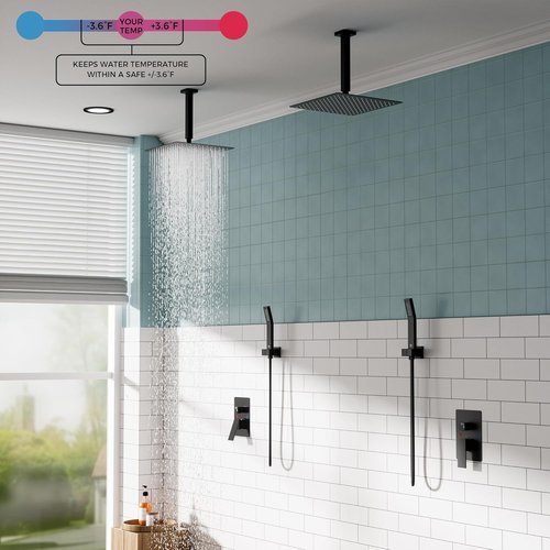FORIOUS Rain Shower Head System - 10 Inch Matte Black Faucet Set with Handheld Spray & Solid Brass Valve