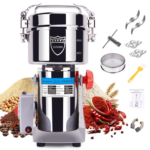 Greatrue 750g Electric Grain Mill Grinder, 304 Stainless Steel Flour Mill, 2800W High Speed Spice Grinder, Electric Grain Mill for Dry Wheat, Oats, Corn, Pepper and Coffee Beans