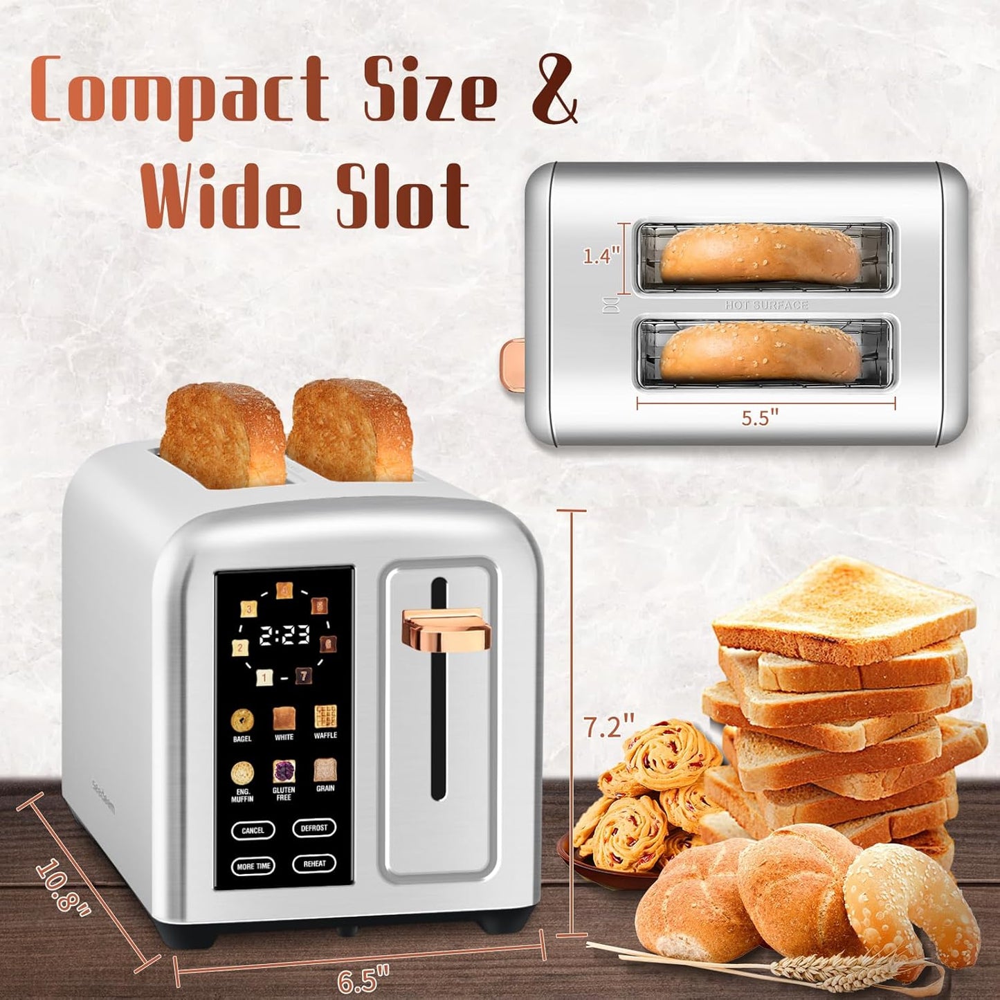 SEEDEEM 2-Slice Toaster - Touch Screen, Faster Heating, 7 Shade Settings, 1.5” Wide Slots, Silver Metallic