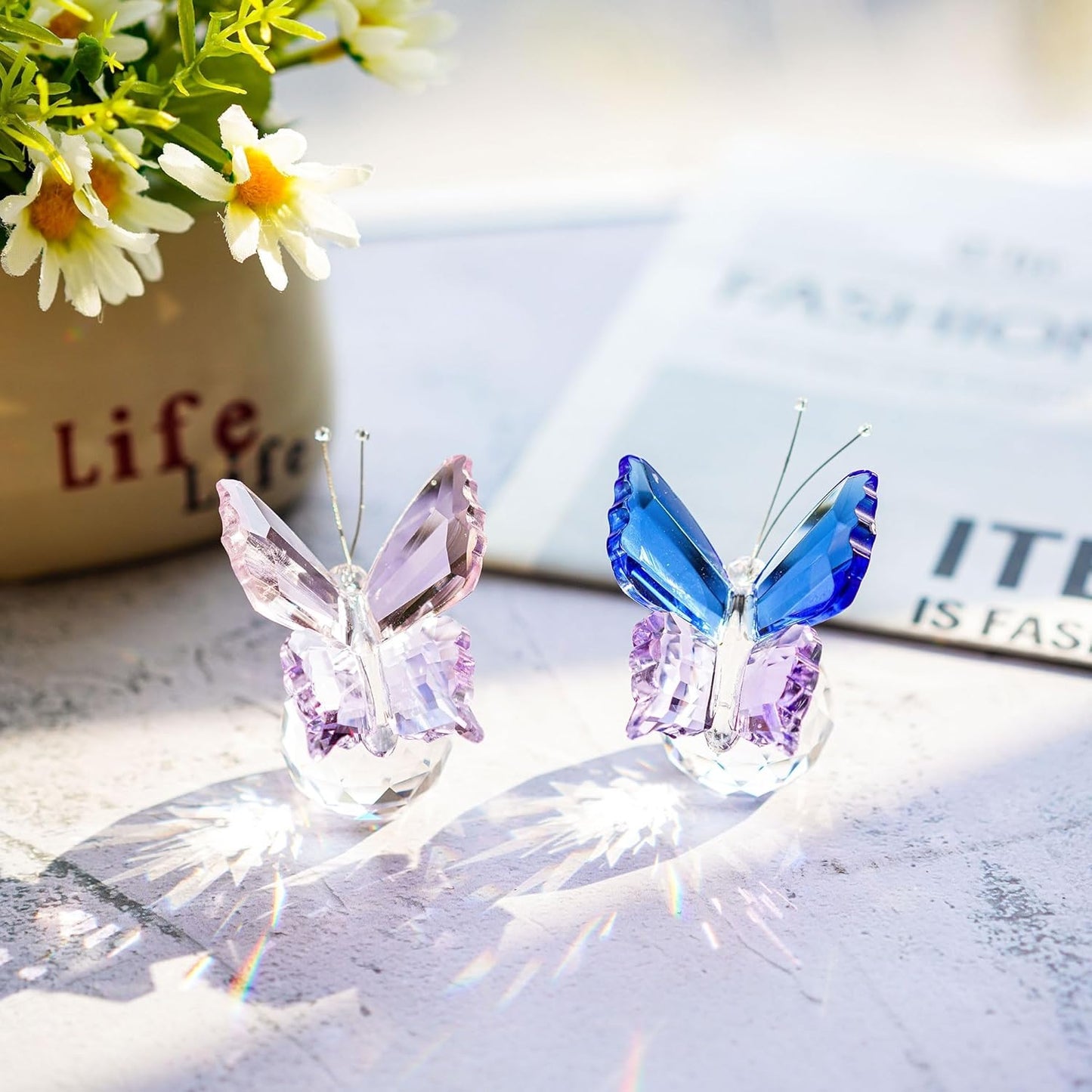 Skiennix Crystal Butterfly Figurines - Elegant Collectible Ornaments with Clear Ball Base | 2-Piece Set for Home Decor and Gifts
