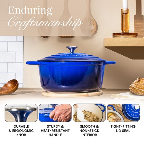 Cast Iron Dutch Oven with Lid – Non-Stick Ovenproof Enamelled Casserole Pot – Sturdy Dutch Oven Cookware – Dark Blue, 3.1-Quart, 22cm – by Nuovva