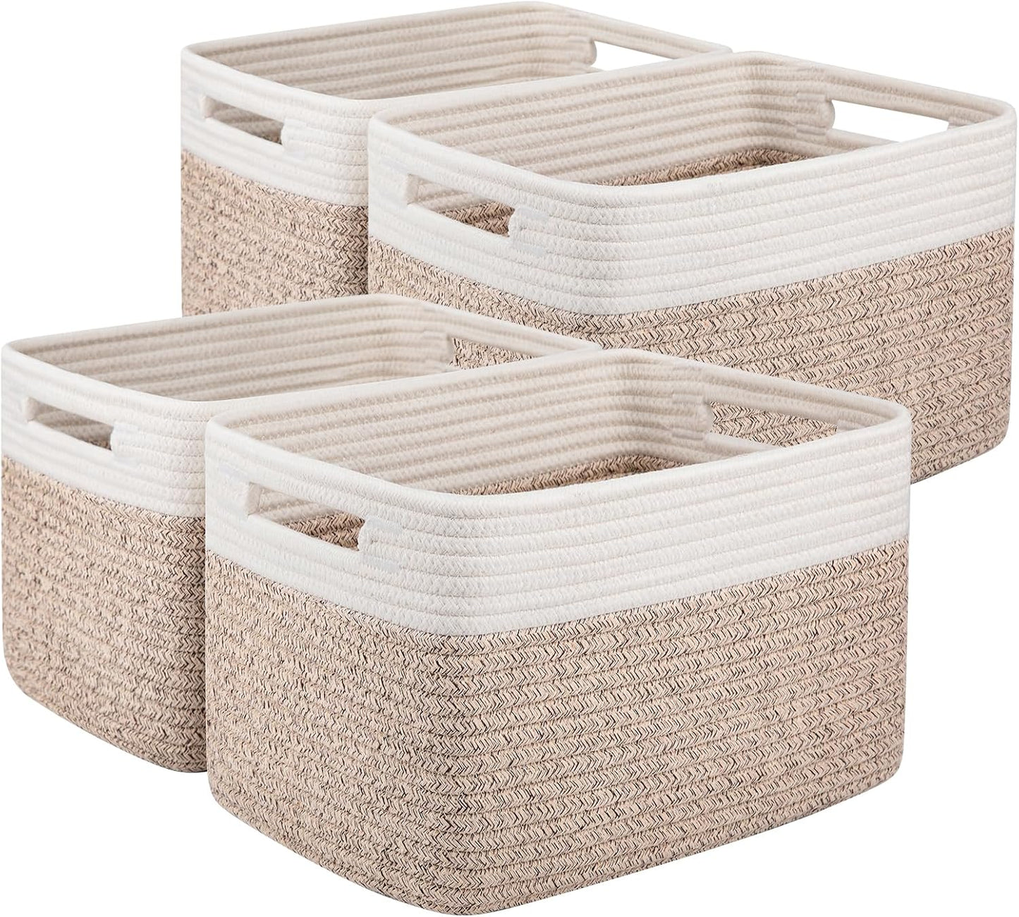 OIAHOMY Storage Baskets - 4 Pack Woven Cotton Rope Baskets for Organizing Toys, Towels & Books | 13" L x 9" W x 7.8" H, Brown & White