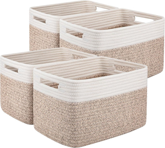 OIAHOMY Storage Baskets - 4 Pack Woven Cotton Rope Baskets for Organizing Toys, Towels & Books | 13" L x 9" W x 7.8" H, Brown & White