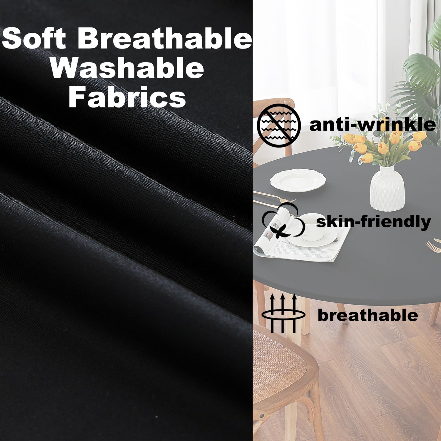 Limalred Fitted Spandex Round Tablecloth, Soft Skin Friendly Non Pilling Breathable Fabric Table Cover with Elastic Band for Dining Gathering Party Banquet Decoration 48 Inch Black