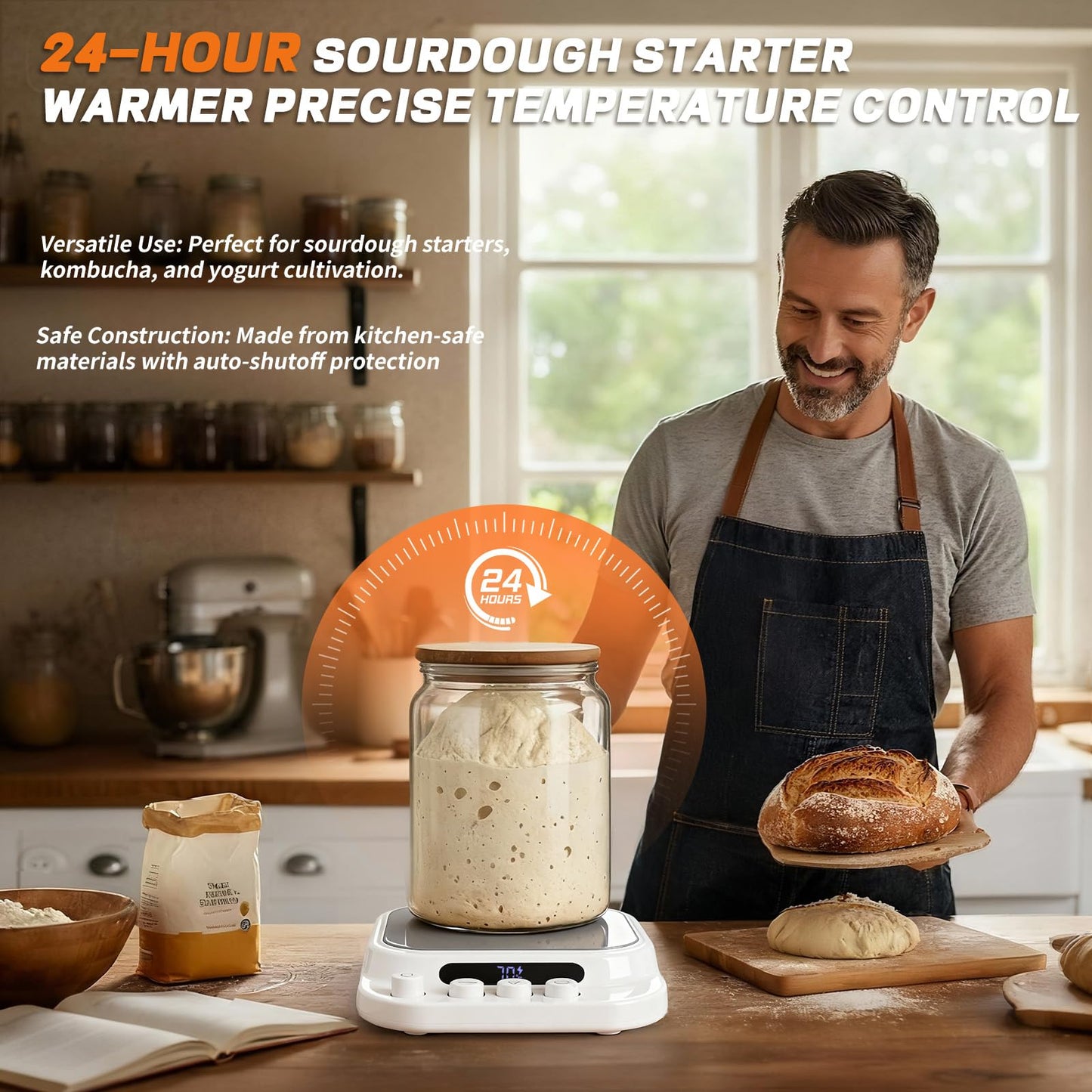 Sourdough Starter Warmer- 70-130°F Adjustable Temp, 1°F Precise Control & 24H Timer - Compatible with Any Shape of Cup Bottom -Ideal Sourdough Proofing Tool for Bakers (White)