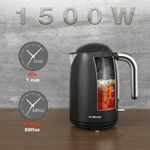 Evoloop Electric Kettle - 1.7L Stainless Steel Tea Kettle with Auto Shut-Off & Boil-Dry Protection | Black