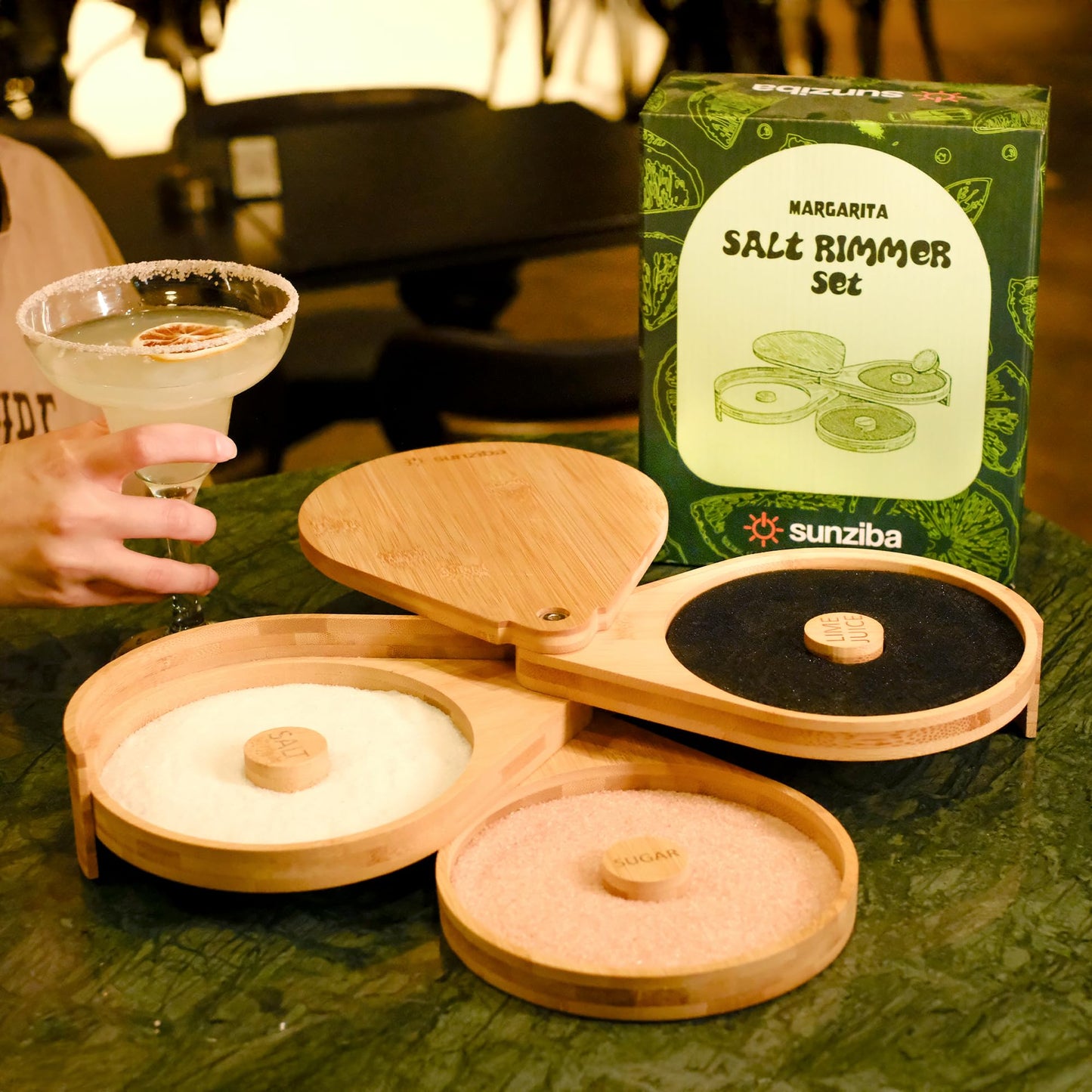 Sunziba Margarita Salt Rimmer Set | 3-Tier Bamboo Salt Rimmer for Cocktails | Bartender Accessories & Home Bar Gift | Complete Margarita Kit