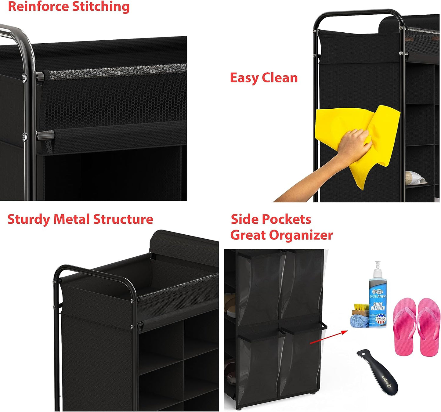Simple Houseware 16-Cube Shoe Stand Tower Rack - 8-Tier Design with Top Shelf & Side Pockets | Black