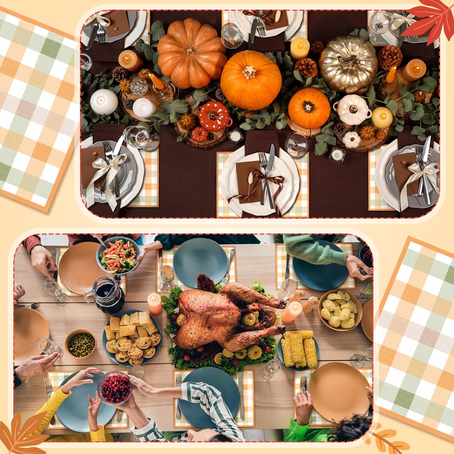 Patelai 50 Pcs Thanksgiving Gingham Paper Placemats 10 x 14 Inch Disposable Scottish Plaid Table Place Mats Checkered Placemat for Thanksgiving Fall Harvest Party Supplies