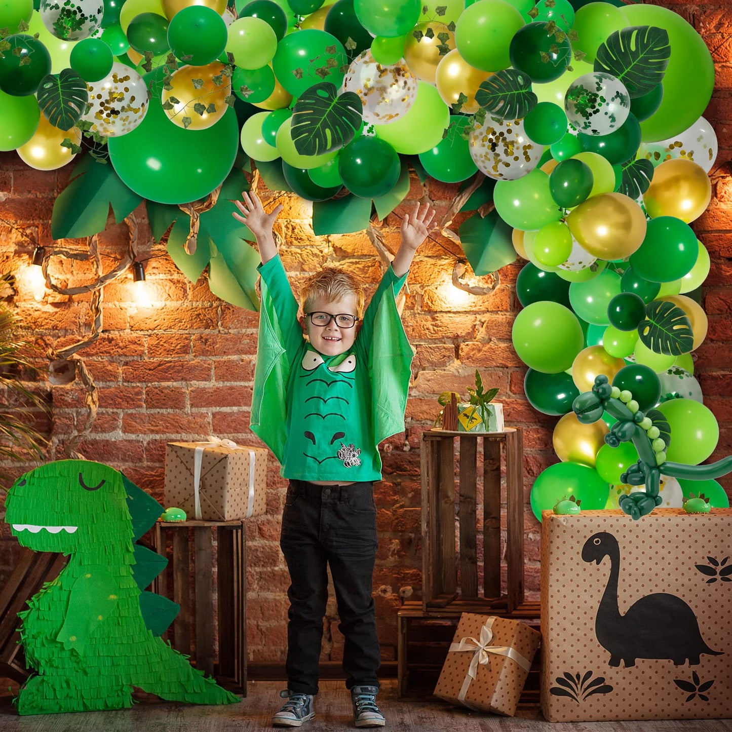 RUBFAC 159pcs Jungle Balloon Garland Arch Kit, Gold Lime Green Balloons Decoration with Artificial Turtle Leafs for Wild One Birthday Party, Safari Tropical Theme Baby Shower Supply