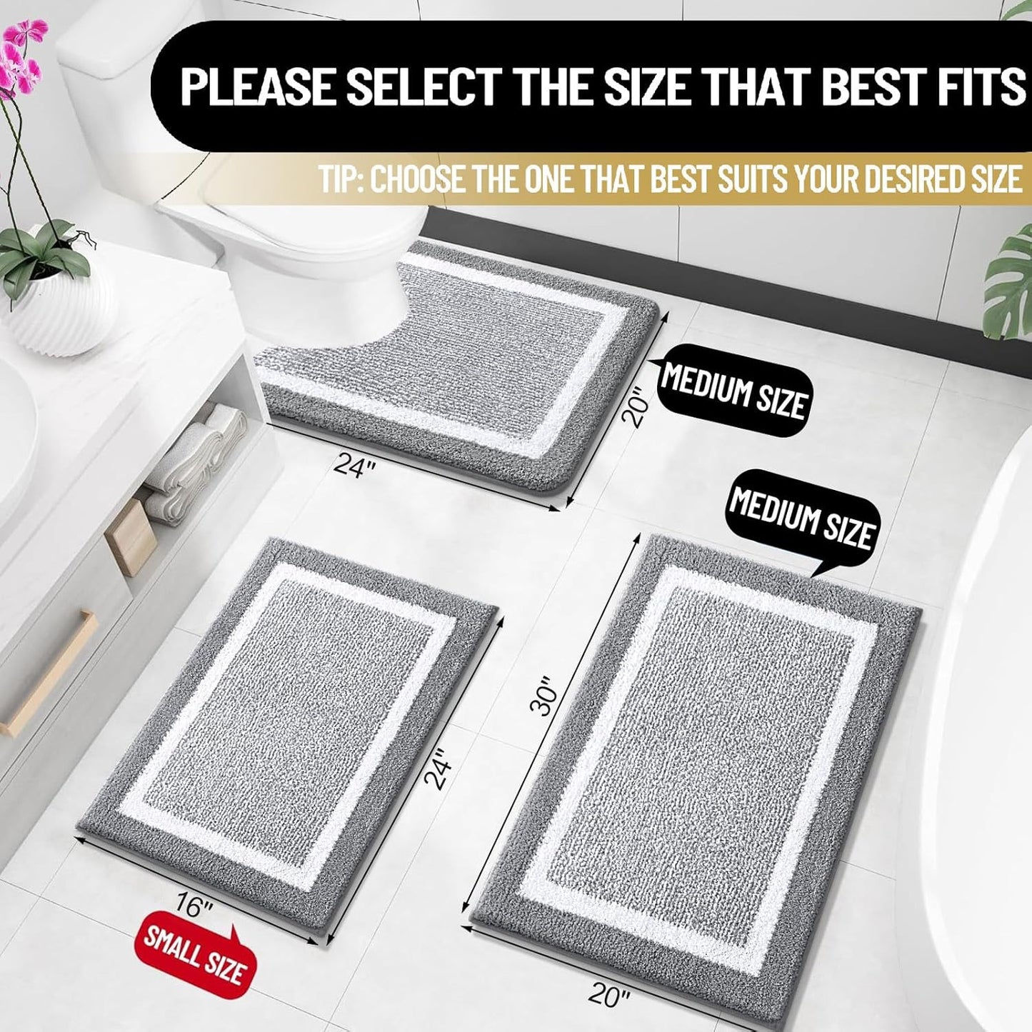 OLANLY Microfiber Bath Mat - Extra Soft, Absorbent & Non-Slip | 24x16 Inches, Quick Dry, Grey