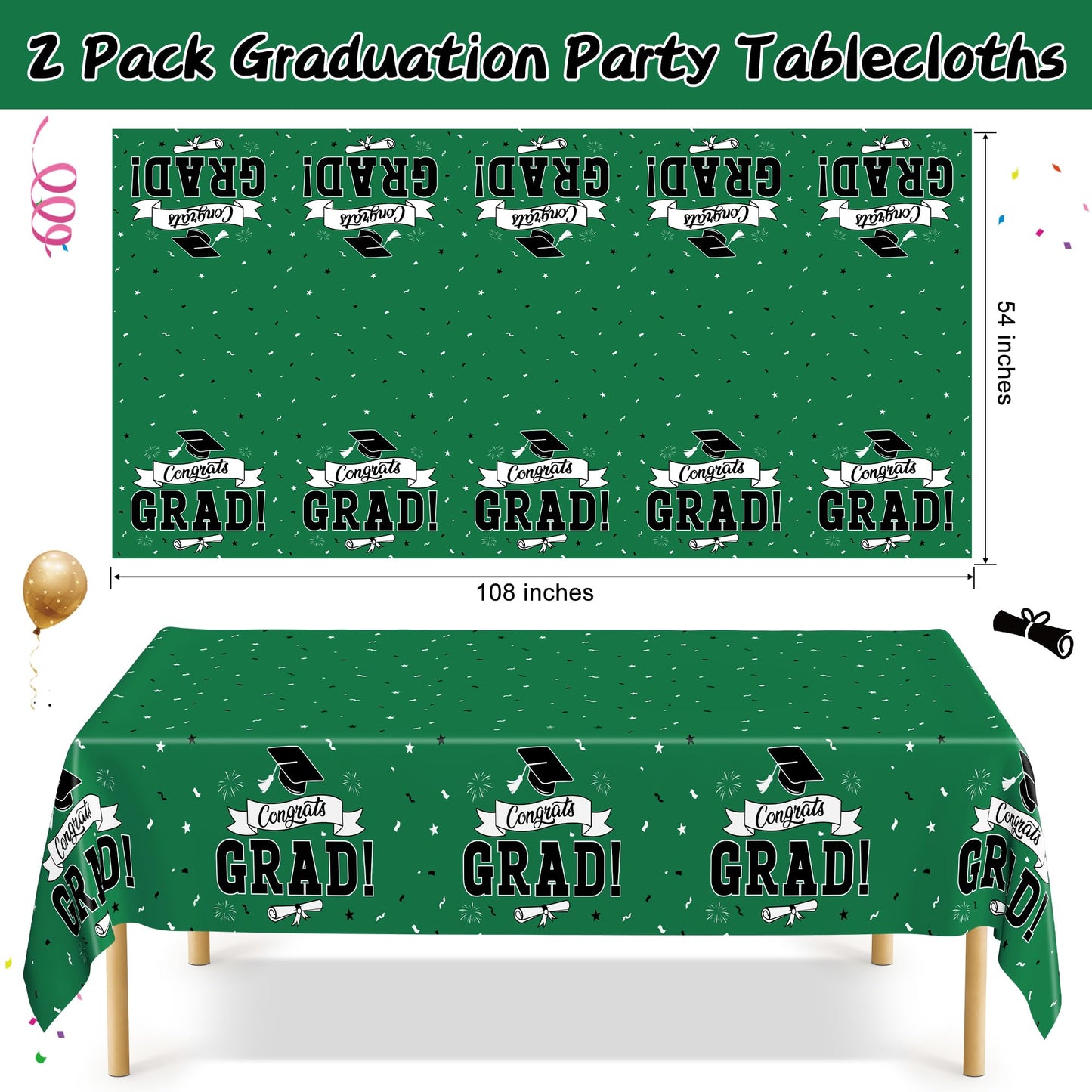 QZYL 2 PCS Graduation Tablecloth, 108" X 54" Green Graduation Table Decorations 2026, Rectangle Table Cloths for Class 2026 Congrats Grad, Disposable Plastic Tablecover for Grad Decor Party Supplies