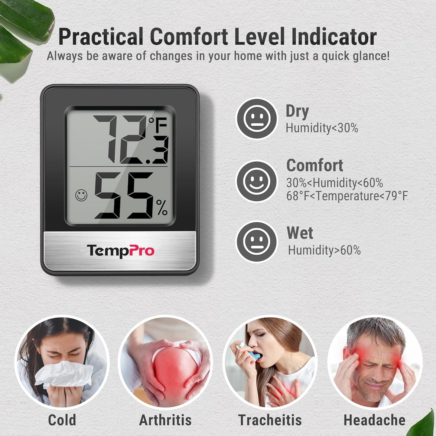 TempPro TP49 Digital Hygrometer | 3-Piece Indoor Thermometer & Humidity Meter - Black