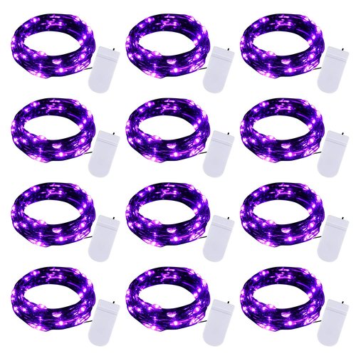 Brightown 24 Pack Fairy Lights Battery Operated, Halloween String Lights Waterproof Black Wire 7 ft 20 LED Firefly Starry Lights for Hallowen Decorations DIY Paper Lantern Craft Pumpkin (Purple)