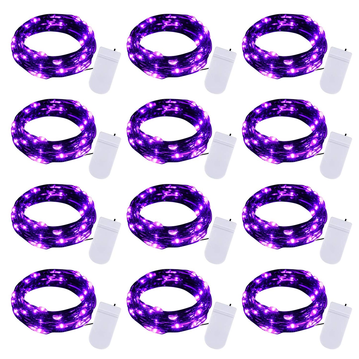 Halloween Purple Fairy String Lights: 12 Pack 7 Ft 20 LED Battery Operated Firefly Lights on Black Wire Starry Moon Lights for DIY Party Bedroom Patio