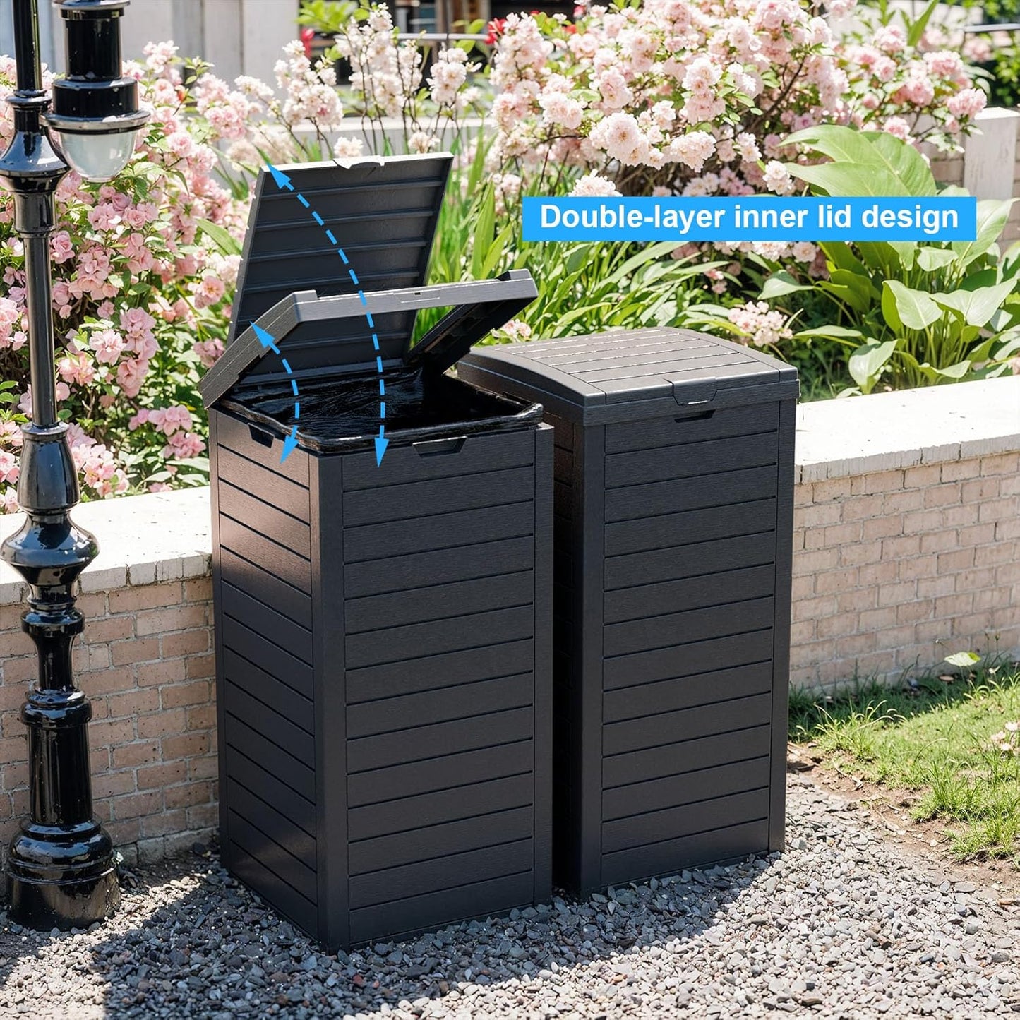 Skiennix Outdoor Trash Can - Waterproof Resin Garbage Bin with Dual Lid & Pull-Out Drawer | 38 Gallon, Black