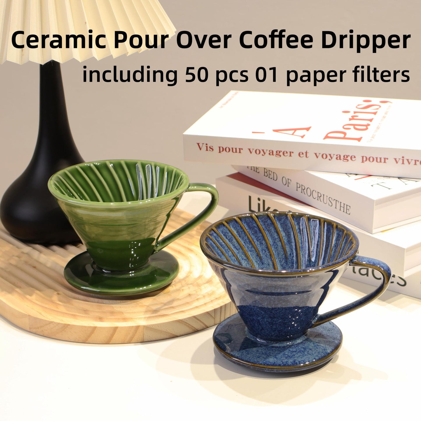 LonMuseum Ceramic Coffee Dripper includes 50 Filters 01 Pour Over Coffee Maker Porcelain V Hand Brewed Set Pottery Artisanal Drip Brew Barista Gift 1 Cup for Single People Travel Camping Office Home