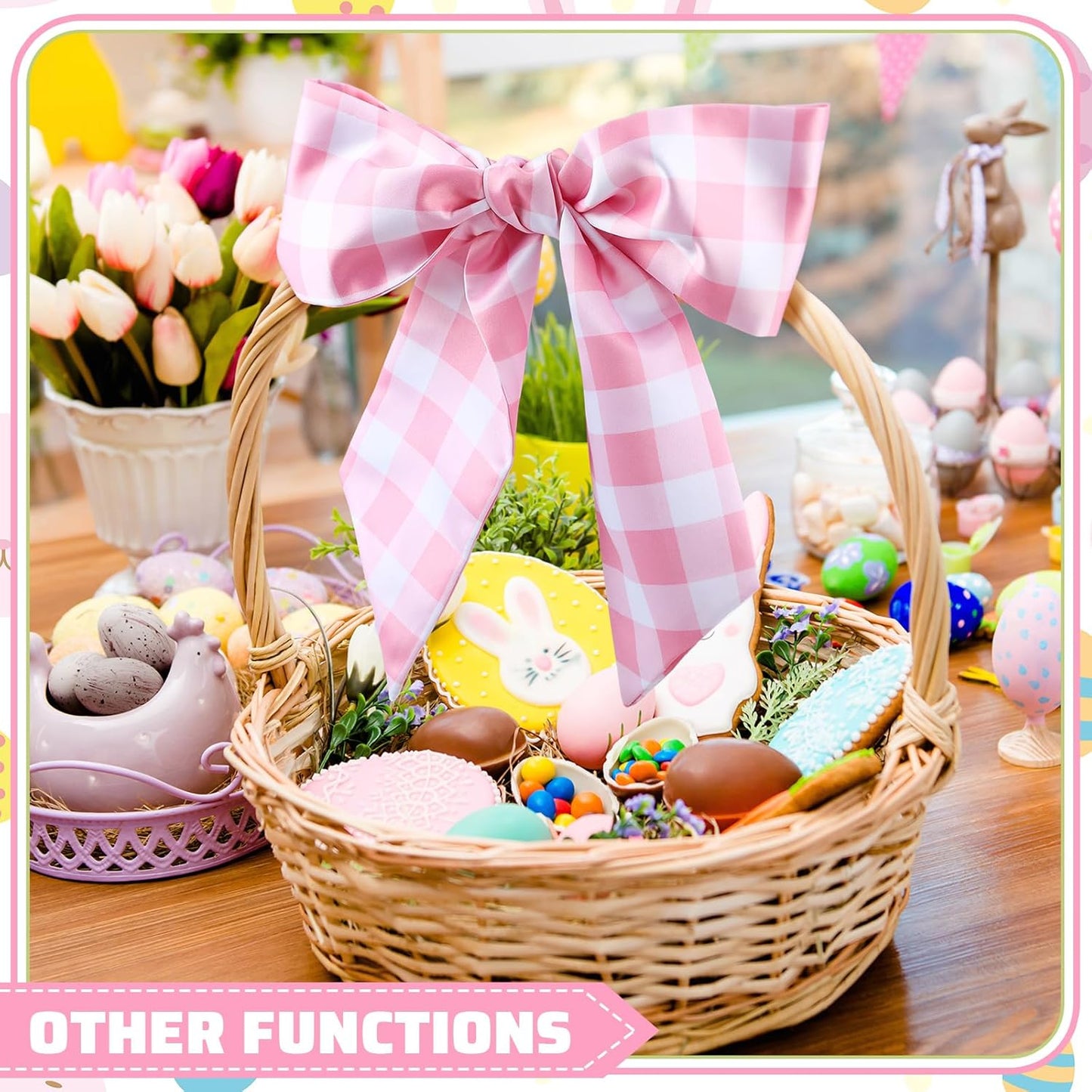 VitalCozy Wreath Sash Set - Chinoiserie Easter & Spring Decor | 4.5" W x 56" L (Pink Grid)