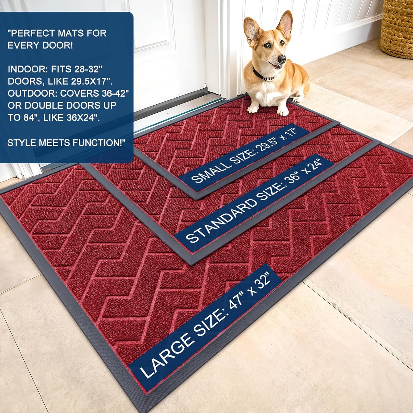OLANLY Waterproof Front Door Mat - All-Season Indoor/Outdoor Doormat, Easy Clean Herringbone Brick Design (Wine Red, 71x47)