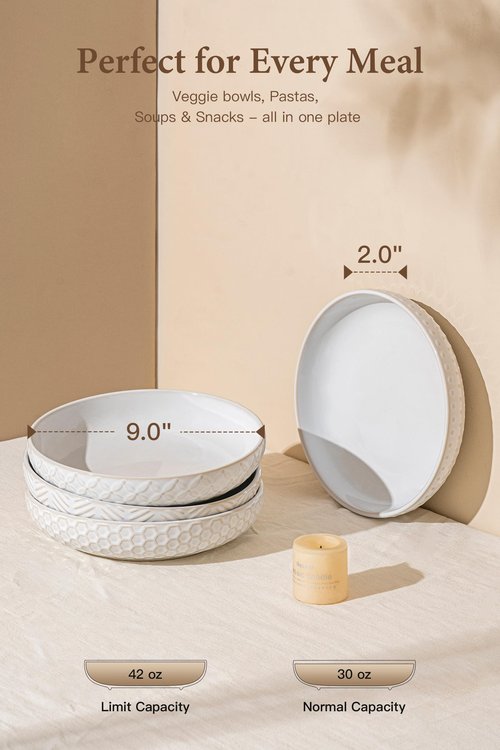 FOBENTA Embossed Ceramic Pasta Bowls, 42 oz Bowl Plates Set,9-Inch Large Serving Bowls Set of 4, Perfect for Pasta, Salad, Fruit, Sturdy&Stackable, Microwave & Dishwasher Safe