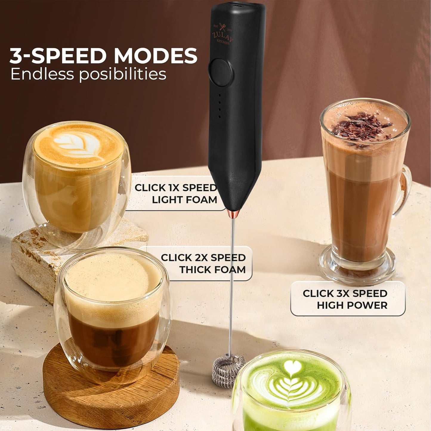 Zulay Kitchen Rechargeable Milk Frother - 3 Speeds & 3 Whisk Attachments - USB Charging for Lattes & Cappuccinos - Black Copper