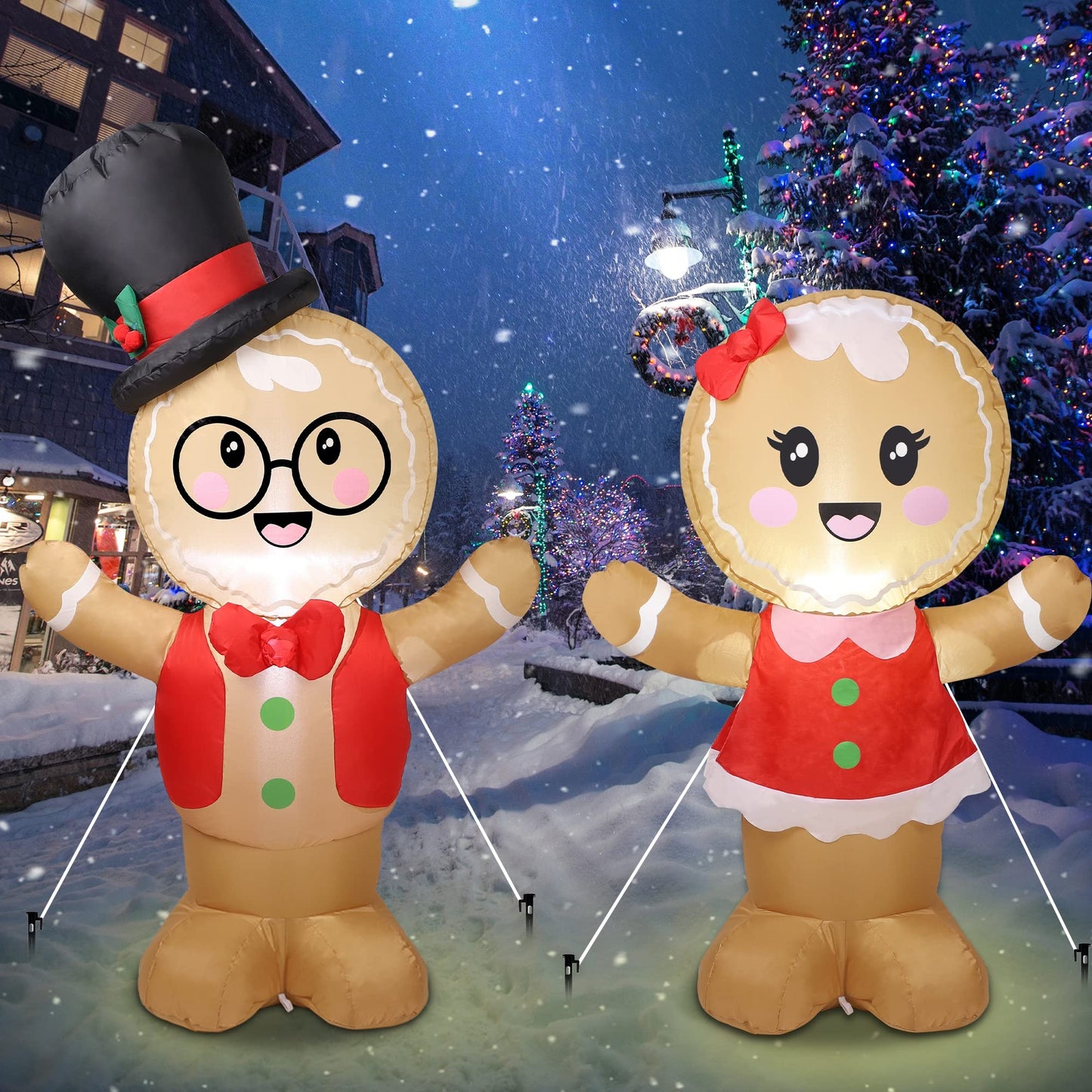 Joliyoou Christmas Inflatable Decoration, 5FT Set of 2 Blowup Welcome Gingerbread Man Couple, Adorable Xmas Inflatable Ginger Bread Man for Winter Holiday Garden Yard Lawn Outdoor Indoor Decor