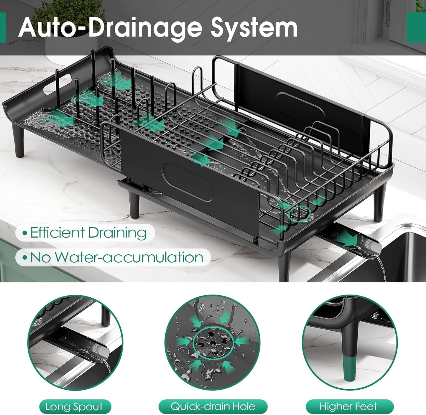 Skiennix Large Extendable Dish Drying Rack - 16.93" to 26.57" Expandable Design with Multifunctional Drainboard
