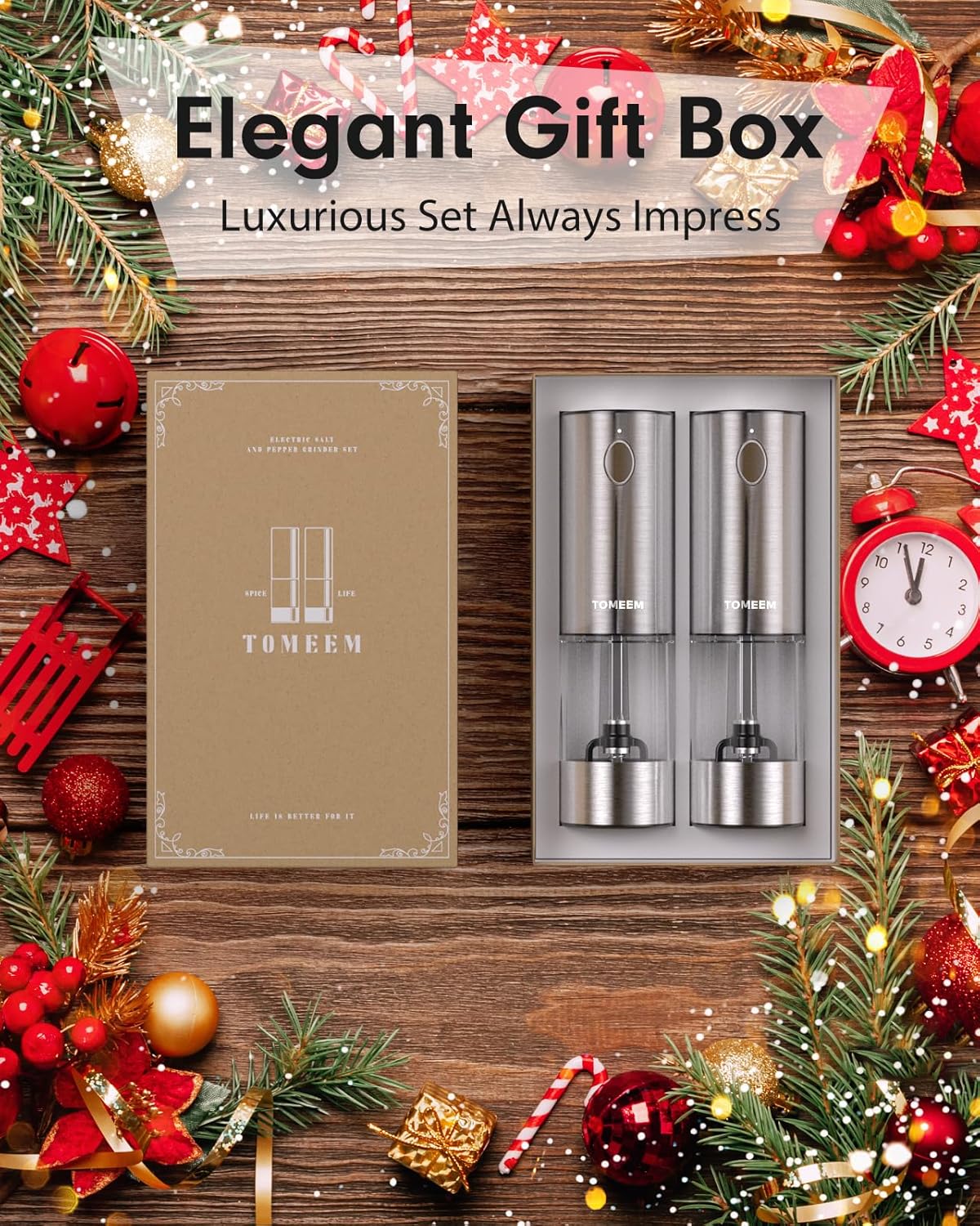 TOMEEM Electric Salt and Pepper Grinder Set - Rechargeable, Stainless Steel with LED Lights | 5 Adjustable Coarseness