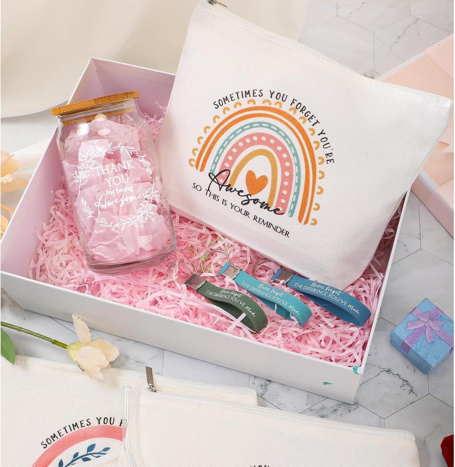 Layhit 10 Sets Employee Appreciation Gifts Thank You Tumbler for Coworker Office Staff Christmas Glass Cups with Lid and Straw Makeup Bag Keychain Team Gift for Women Men(Thank You for Being Awesome)