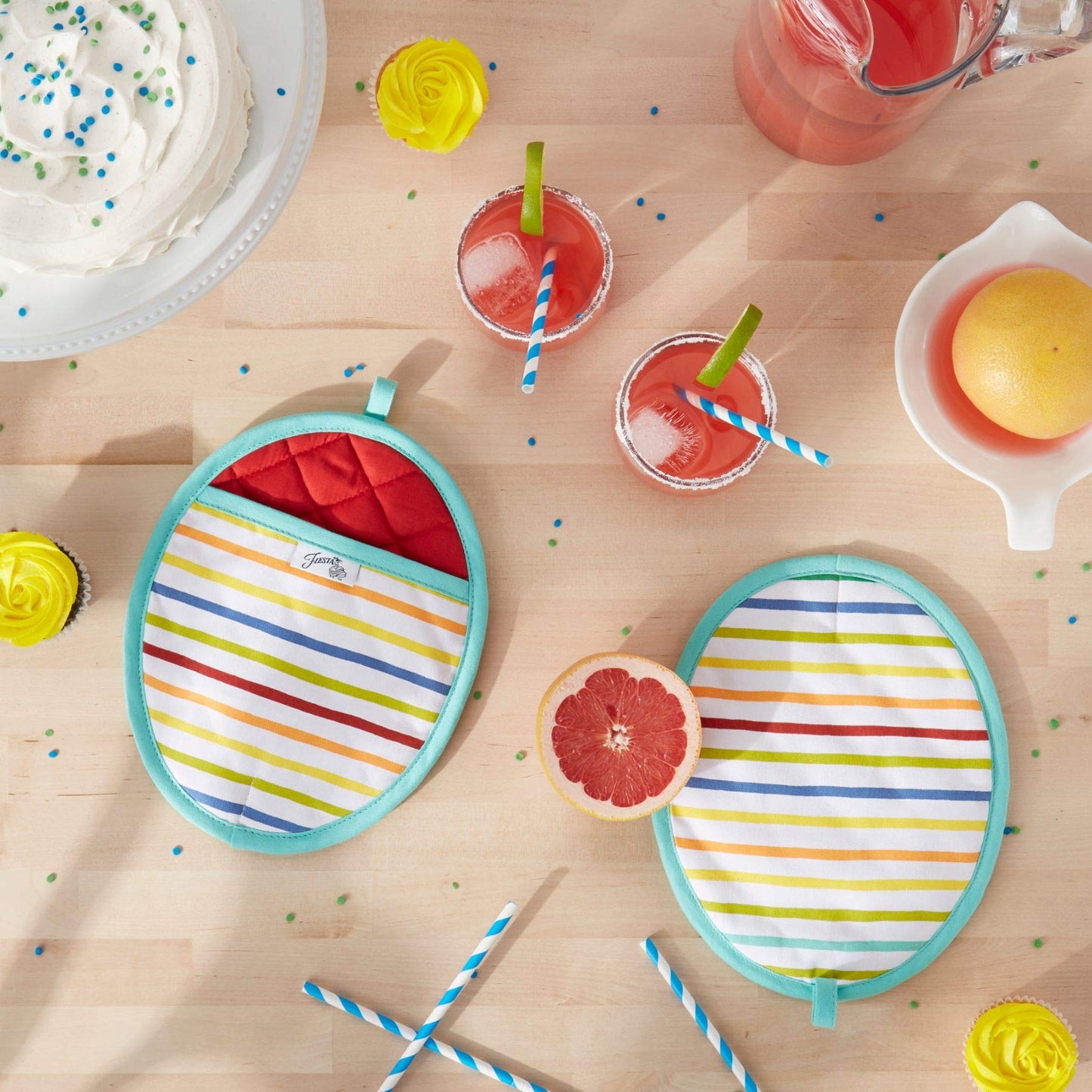 Fiesta Tropical Stripe Pot Holder Set, 8"x10", Multicolor/Aqua/Yellow/Red/Blue, 2 Piece