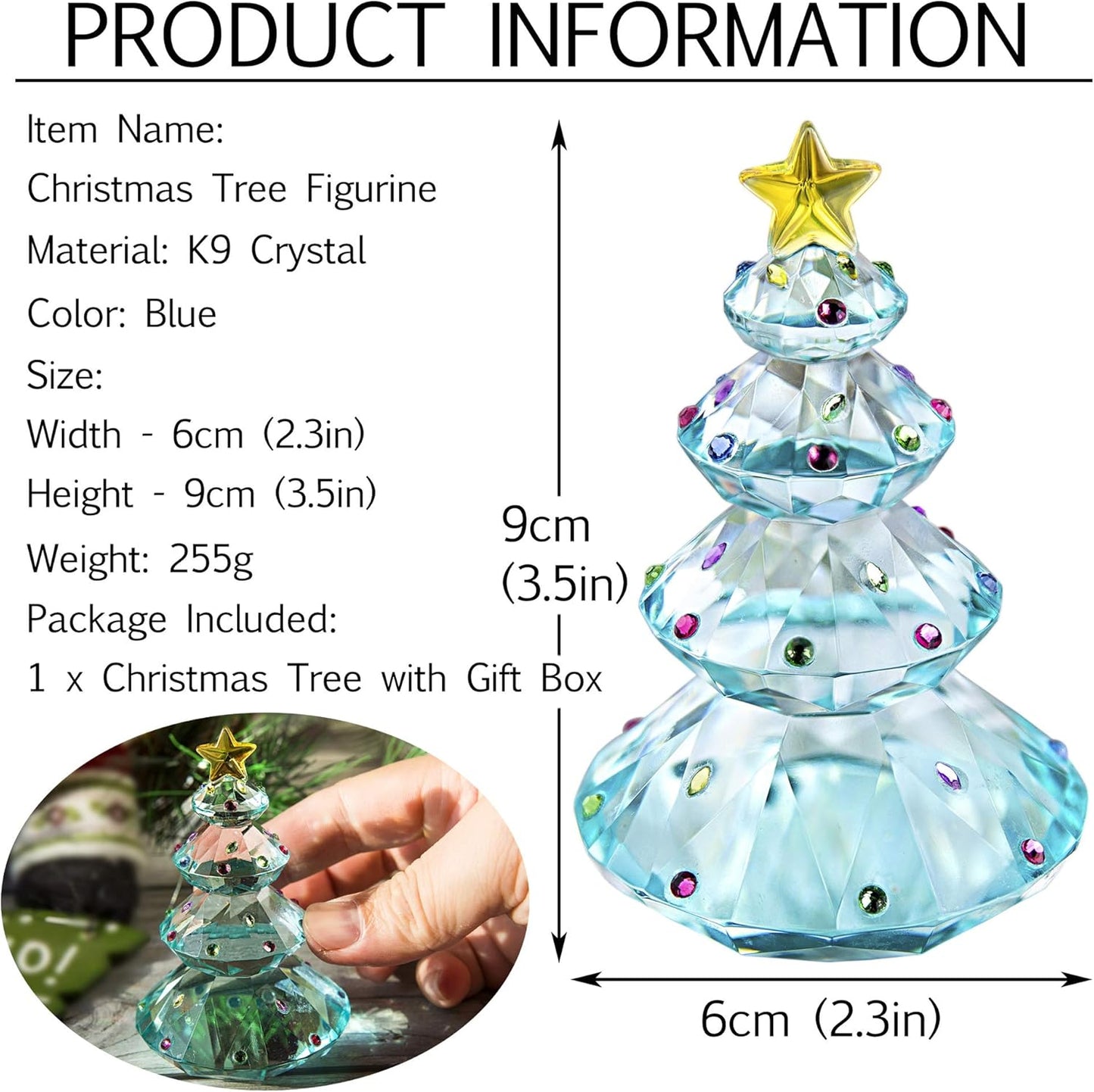 QFkris Crystal Christmas Tree Figurine - 3.5" Blue Glass Paperweight Table Ornament for Holiday Decor