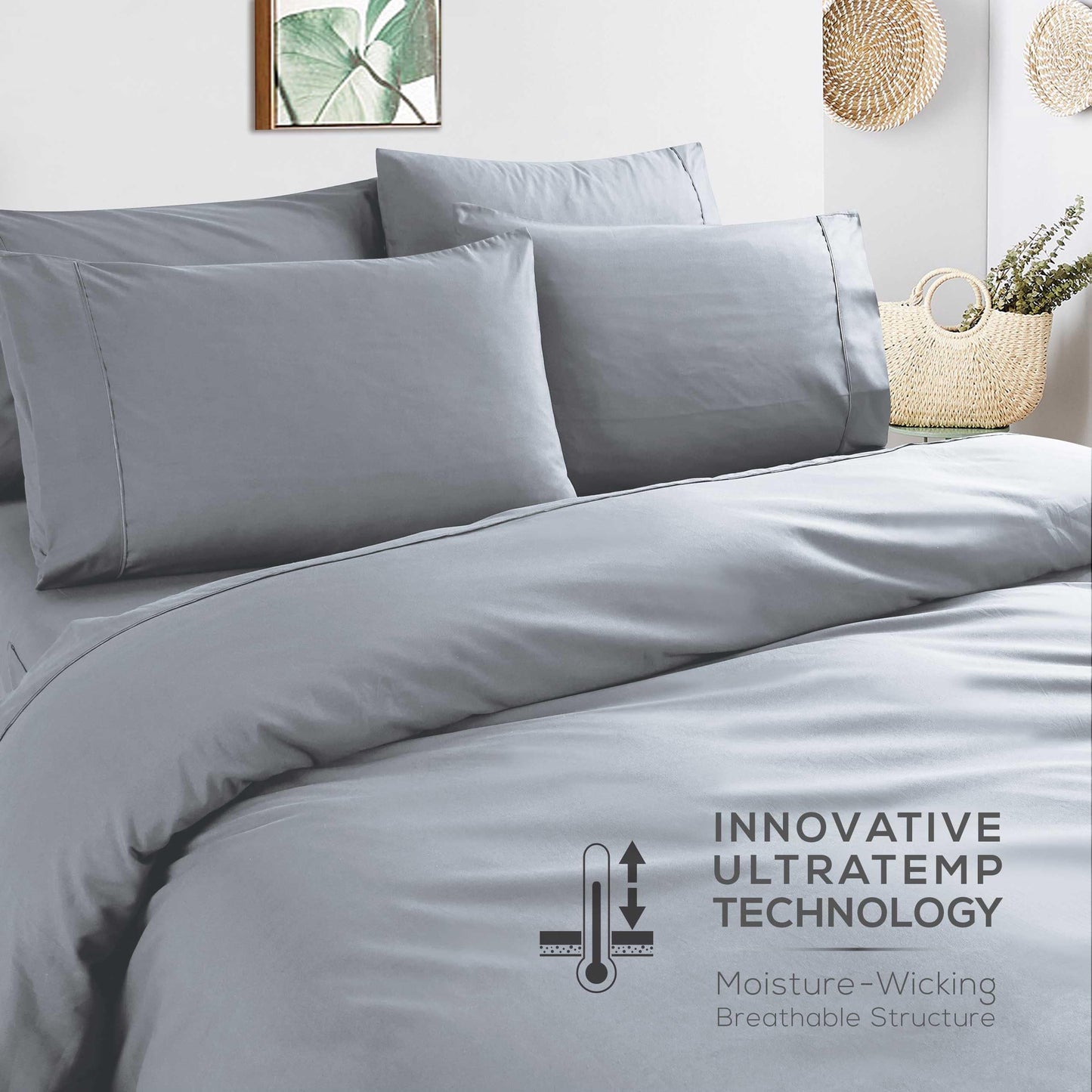 Mueller UltraTemp 6 PC Queen Sheet Set - Ultra-Soft Luxury Series, Cooling & Breathable Hotel Luxury Bed Sheets, Deep Pocket Wrinkle-Free Oeko-TEX, Light Gray