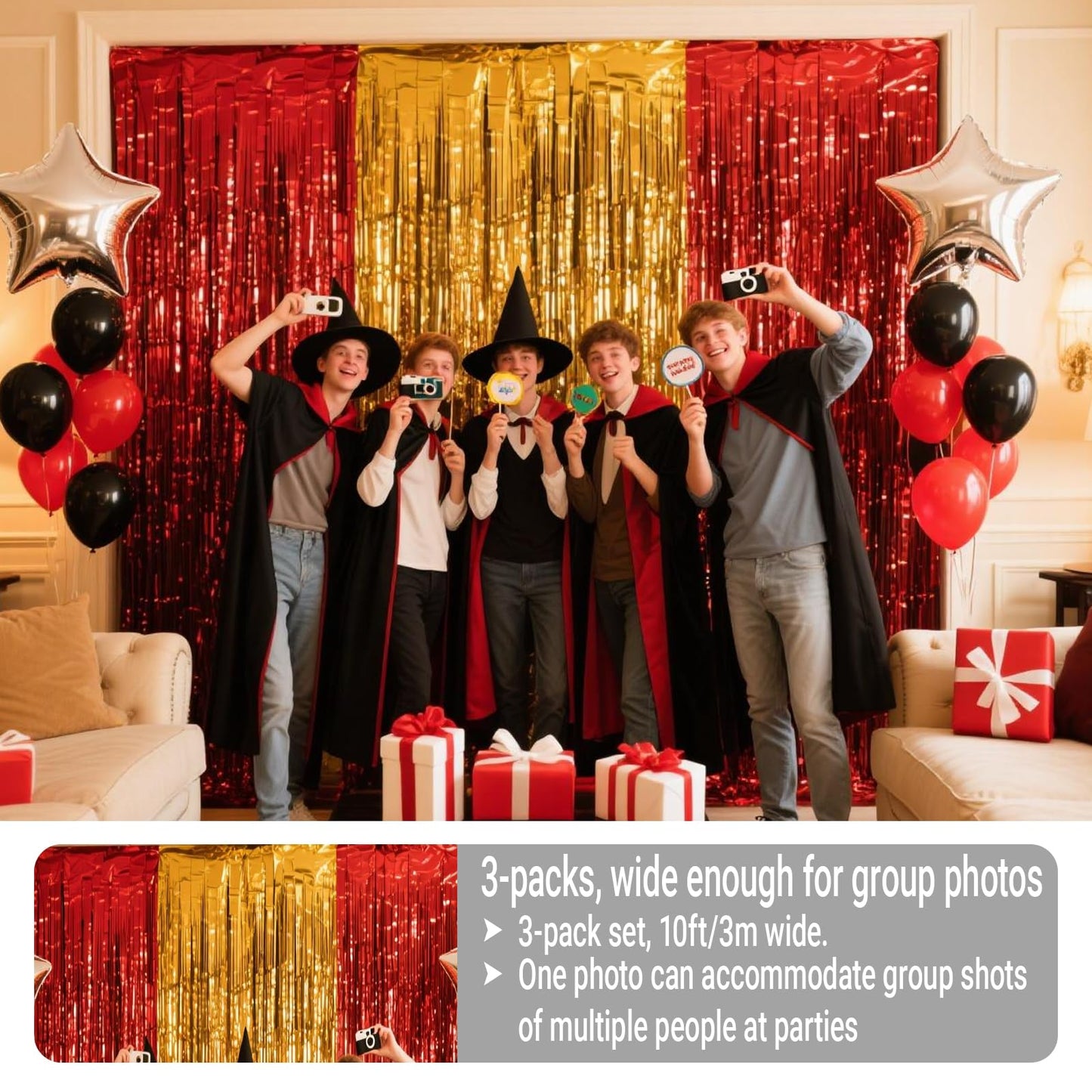 3 Packs Red Gold Foil Fringe Curtains Extra Wide 9.9ft for Birthday Party Tinsel Backdrop Movie Night Decor Farewell Party Streamer,Retirement Decorations, Backdrop for Graduations Each 3.3 x 6.5 ft