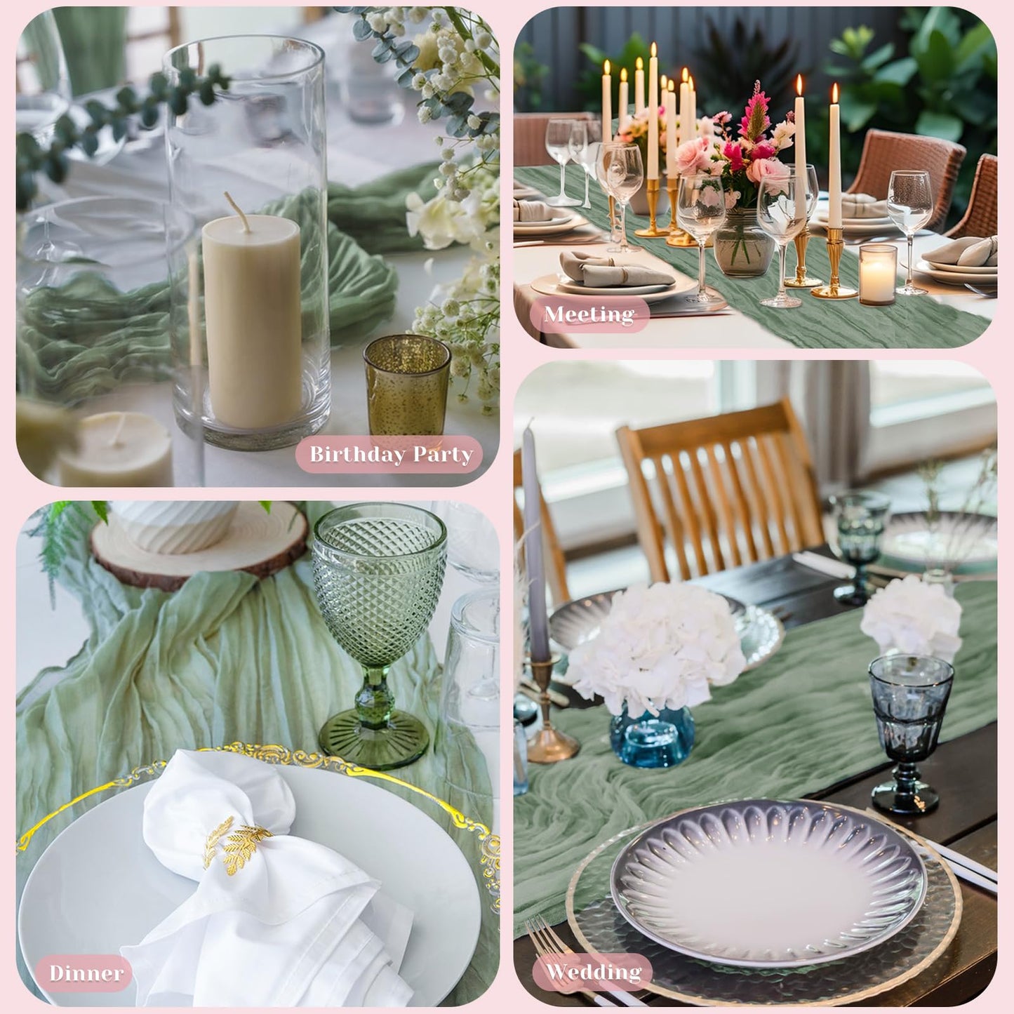 Sage Green Cheesecloth Table Runner, 10 Ft Easter Boho Table Runner, 120 in Spring Rustic Table Runners for St Patrick's Day, Wedding, Party, Baby & Bridal Shower