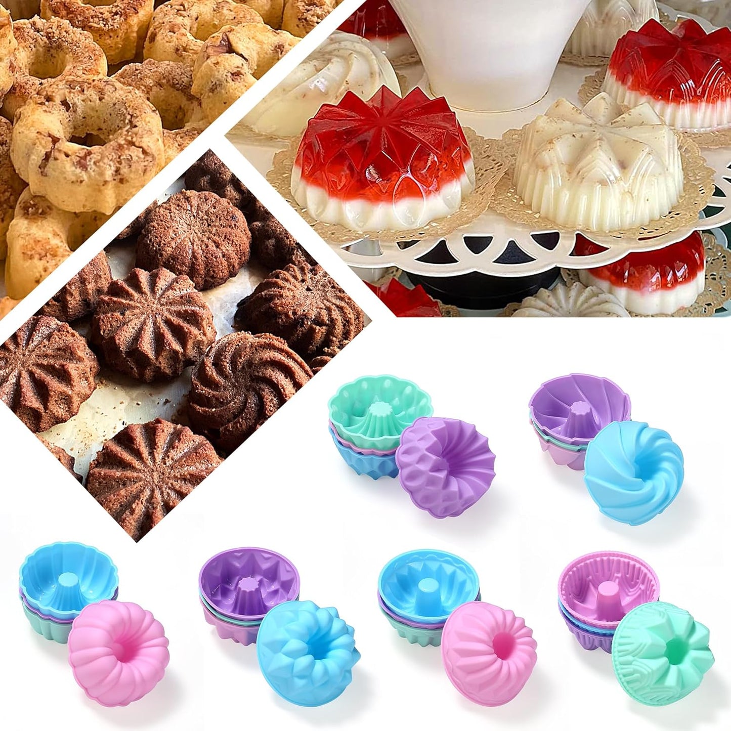 Skiennix 24-Pack Silicone Donut Molds - Nonstick 3-Inch Baking Cups for Muffins, Jello & Bagels | Oven & Dishwasher Safe