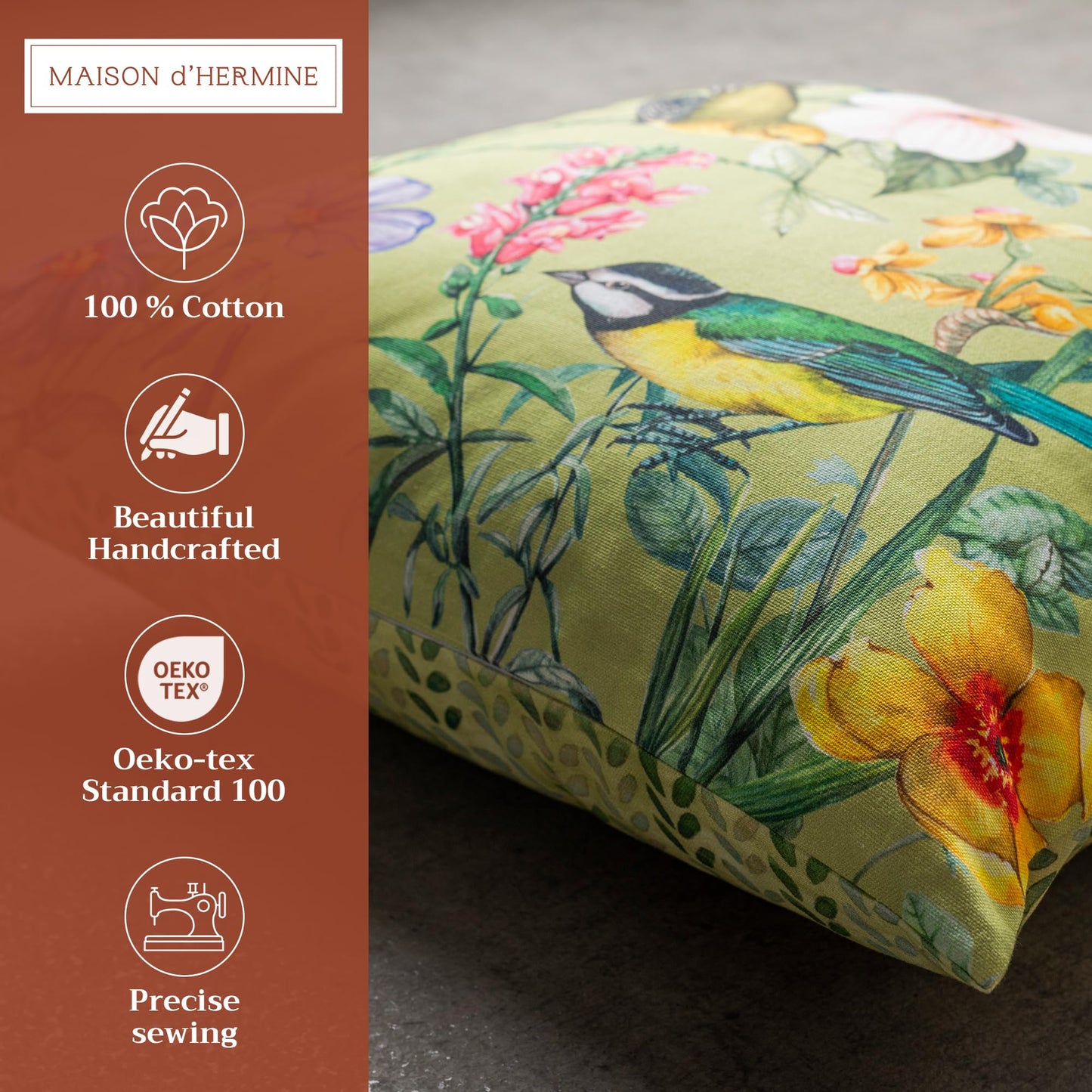 Maison d' Hermine Decorative Pillow Covers 18 x 18 inch Square 100% Cotton Throw Pillow Covers with Invisible Zipper for Living Room Couch Chair Sofas Gifts for Mothers Day - Hesperides - Oiseaux