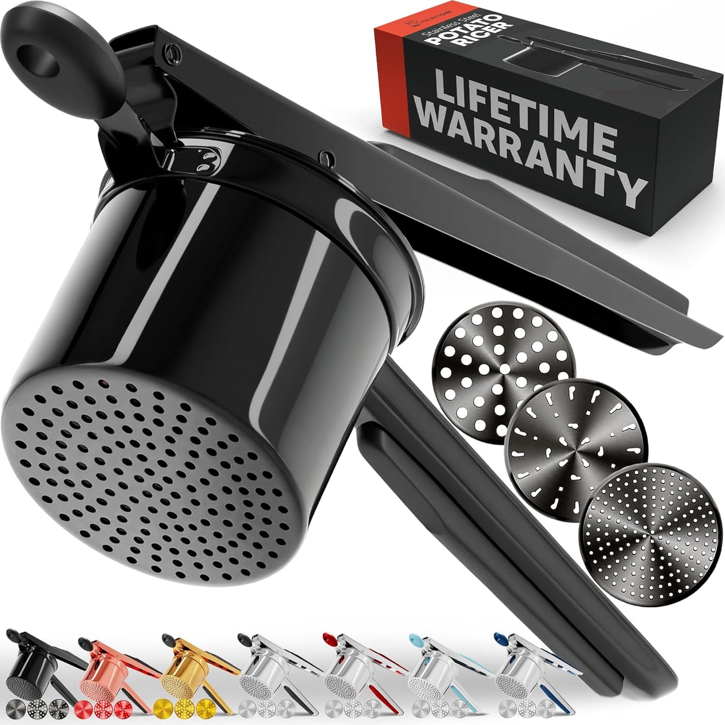 PriorityChef 15oz Potato Ricer - Heavy Duty Stainless Steel Masher with 3 Discs | All Black Design