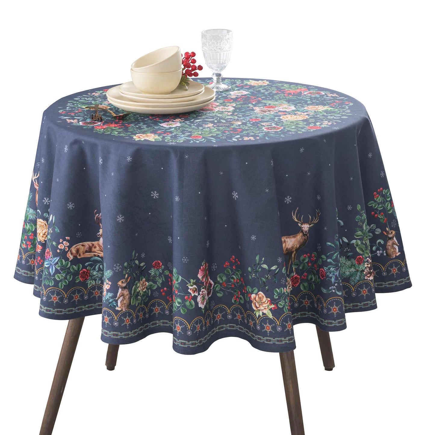 Maison d' Hermine Table Cloth Round Table 100% Cotton 63 Inches Fall Tablecloth Reusable Everyday Use for Thanksgiving Christmas Decorations Dining Farmhouse Party (Christmas Joy)