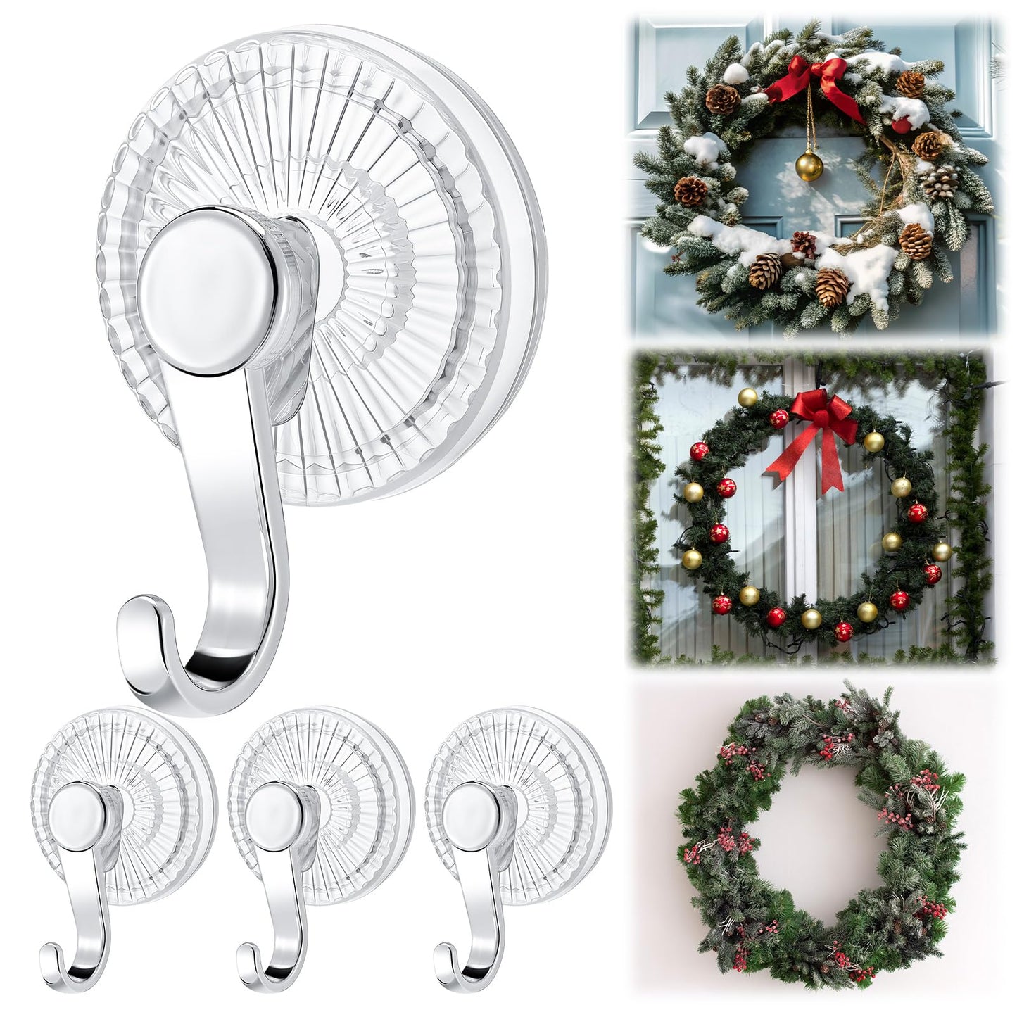 AceOrbit 4 Pack Suction Cup Wreath Hangers for Glass Front Door Heavy Duty Vacuum Suction Cup Hooks Removable Clear Wreath Holder for Window Kitchen Bathroom Shower Valentine's Decorations