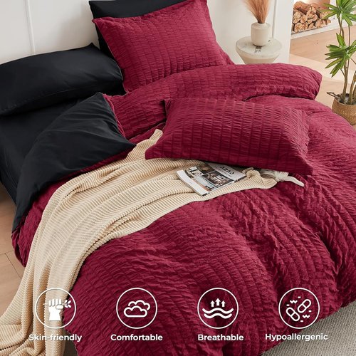 HYMOKEGE California King Comforter Set - Luxury 7-Piece Seersucker Bedding in Red & Black