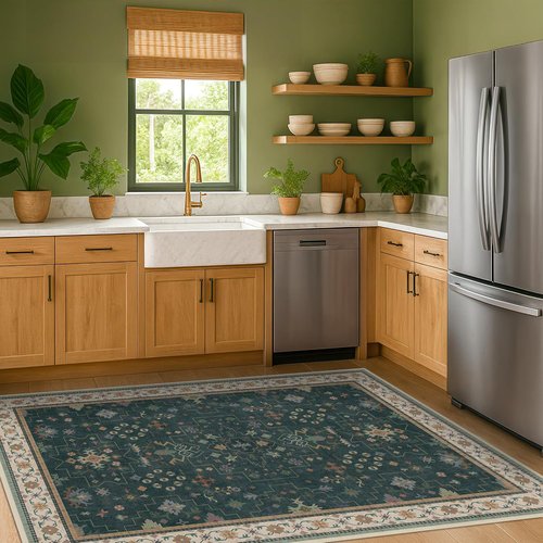 Hazo Haus Dark Green 4x6 Living Room Rug - Modern Vintage Boho Floral Design | Washable Non-Slip Area Rug for Home